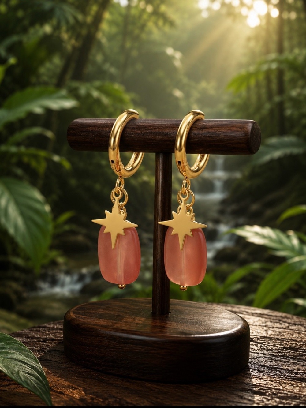 Gold Hoop Earrings with Pink Natural Gemstone-Stainlees St, 18K Gold Plated